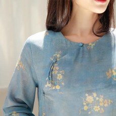 창파오 치파오 의상 일본 태국 전통 인도 스위스 여장남자 면 마 프린트 블라우스 여반단추