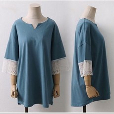 간단대형Lace티셔츠린 넨혼방한국산소매고전미 T 블랙 스카이블루 + 74575췬톰
