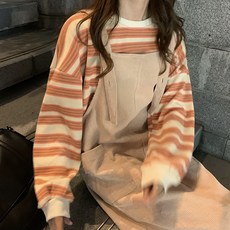 캐쥬얼 스타일리쉬 여성 겨울 가을 멜빵 원피스 스트라이프 단가라 루즈핏 긴팔맨투맨 서스팬더원피스 오버롤원피스 멜빵원피스