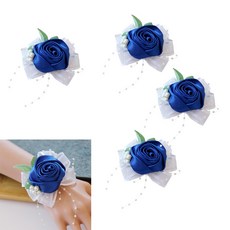 Royalways 손목 코사지 4 개 팩 블루 웨딩 신부 손목 꽃 장미 팔찌 손 꽃 신부 들러리 결혼식 댄스 파티 파티에 적합, 8 x 6 x 4 cm, 리본, 로얄 블루