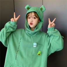 Meainna 맨투맨 여 추동 커플룩 개구리 맨투맨 여 후드 남녀 후드 기모 도톰 양털 후리스 플리스 자켓 후드 릴렉스핏 후드퍼 패딩점퍼(두 개의 작은 브로치 포함)