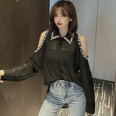 인기신상 여성 섹시 시스루 진주장식 어깨트임 블라우스
