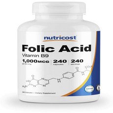 Nutricost Folic Acid (Vitamin B9) 1000mcg 240ct 임신초기비타민D 임신준비엽산 엽산400mg 활성형엽산 솔가천연엽산 임산부솔가엽산 남자엽산 천연, 1개, 1