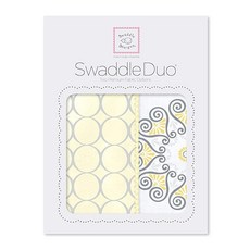 SwaddleDesigns 스와들듀오 포대기 담요 2개 세트 면 마퀴젯 + 프리미엄 면 플란넬 파스텔 블루 모던 듀오., 옐로우 모드 메달리온