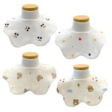 LuxuryBaby 花瓣形狀6層紗布圍兜, D款(黑櫻桃+愛心熊+彩色圓點+林中熊), 4件, 1組