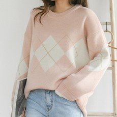 어썸메이드 여성용 아가일 다이아몬드 패턴 컬러 라운드 니트