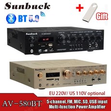 SUNBUCK 블루투스 하이파이 앰프 220V 5CH 홈 파워 앰프 스테레오 AV 서라운드 디지털 앰프 FM 노래방 580USB BT 298BT, 5)298BT Black EU Plug