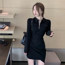 POLO 넥언발 슬림핏 점프슈트 여성 봄가을 계절 허리보정 A라인 짧은 언발란스원피스