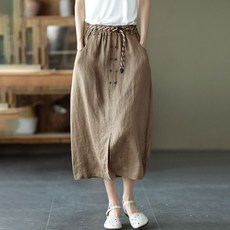 Asure 린넨 여름롱스커트 하이웨스트 느슨한 미디스커트
