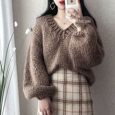 여자 핸드메이드 니트 여성 루즈핏 꽈배기 브이넥