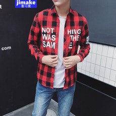 지마크 봄여름 16세 청소년 19세 남학생 중고교생 프린트 체크 긴팔 셔츠 남성 한국핏 슬림 캐주얼 패션 스타일링 셔츠 가을 촌의남 레드 l