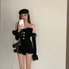 오리하우스 미네르바 미네르바 김희선점프수트 김희선멜빵바지 같은 섹시한 검은 연꽃 잎 칼라 끈이없는 장 Yuqi Jennie 스타-12906