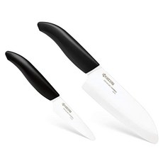 KYOCERA Revolution 2피스 세라믹 나이프 세트: 요리에 필요한 셰프 나이프 14cm(5.5인치) 산토쿠 및 11.4cm(4.5인치) 유틸리티 블루 손잡이가 있는 화, White/Black, 5.5인치와 3인치