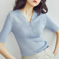 생활도움 아이스 니트 여 풀오버 여름 2020 얇은 브이넥 짧은 미니 향으로 날씬해 보이는 반팔 가을 상의