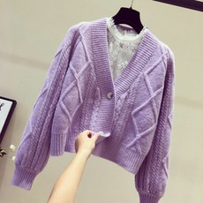 여성 꽈배기 트위스트 숏 가디건 퍼프소매 스웨터