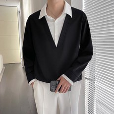 POMTOR 고급 폴로넥 맨투맨 남성 가을 겨울 패션 페이크 투피스 캐주얼 상의 탑