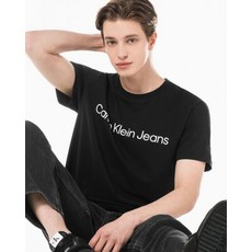 (정품)CALVIN KLEIN JEANS 남 블랙 레귤러핏 인스티튜셔널 로고 스트레치 반팔 티셔츠 J321612 BEH 젤 프린트