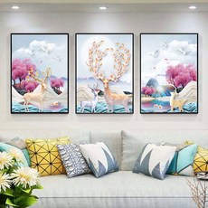 항상또오기 인테리어그림 거실 인테리림 소파 기함 북유럽바란스 칸 침실 레스토랑 그림을 걸다 삼련 노루 모즈 유행, 행운 사슴, 60 *80 블랙 테 크리스탈 필름
