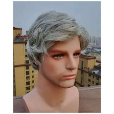 남자가발 남성 희끗한흰머리 가발 실버화이트 사선앞머리 짧은생머리 무대 연기 할아버지, 실버 + 헤어 넷