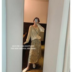 ◆SRK◆SRK◆레오파드 스커트 가을 하프 기장 언발 a라인 도트 스커트녀
