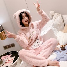 선택글로벌 실내복상하세트 잠옷 여성 가을 계절 두꺼운 기모 융 보온 애니메이션 큐트