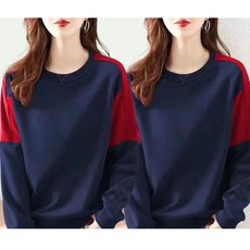 1+1 여성 긴팔 맨투맨 봄 가을 패션 캐주얼 라운드 상의 루즈핏 긴팔티 기질 배색 풀오버 순면 맨투맨 티셔츠 2P CY
