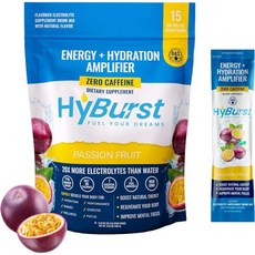 Hyburst 에너지 및 수화 증폭기 — 비타민 미네랄 L-테아닌이 포함된 4-in-1 전해질 파우더 패킷 제로 카페인 부스터 비 GMO 글루텐 없음 15 스틱 패션프루트, 열정 과일
