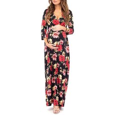 Mother Bee Maternity 브이넥 7부 소매 허리 원피스 Papaya Small