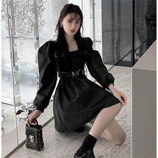 봄계절 벌룬소매 블랙 여성 헵번풍 소흑 레더벨트선물