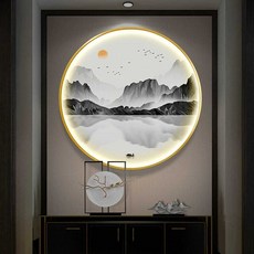 새로운 중국 스타일 원형 선 풍경 장식 그림 입구 홀 거실 티 룸 빛나는 크리스탈 도자기 벽화 LED 라이트 페인팅, 1개, 지름50cm 리모컨 전원220V 금색 1
