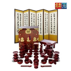 춘향골 남원목기 물푸레 제기 47p + 오동함 (+향로상) 추사 산수화 6폭병풍, 3개, 춘향골 남원목기 물푸레 제기 47p + 제기함 (+퇴주그릇) + 추사 사군자 6폭병풍