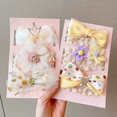 여아용 아기 머리띠 세트 여아 아기용 부드러운 공주 헤어 액세서리 선물 편안한 디자인 패션, 베이지+옐로우 리본 6종세트 고급선물박스형