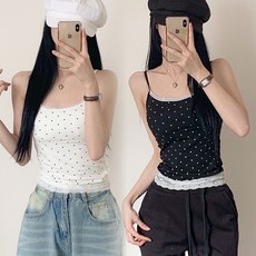 어나더뷰 2542 1+1 [캡내장] 도트 레이스 캡나시 브라탑 브라렛 레이어드 노와이어 이너 땡땡이 민소매 끈나시 여름