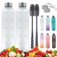  Horkos 1 1000ml BPA + 2 리터 워터 병 경량 물통 타임 마커 클리어 병 민트 라이트 웨이트 계량 및 시간 표시가있는 