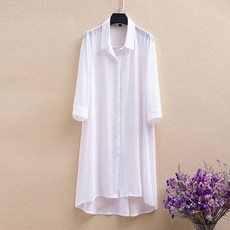 ROYALBELLE 여성 데일리 쉬폰 롱 블라우스 루즈핏 빅사이즈 7부소매 카라넥 셔츠 V61901