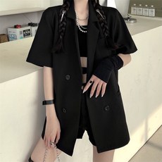 플라이봉봉 쁘띠 반팔 여성 여름 BF 무드 와이드 루즈핏 얇은 숏 양복 블랙 상의 트렌드