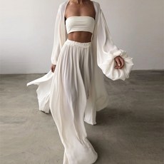 JIAB 여성 3 피스 세트 homewear 패션 캐주얼 랜턴 슬리브 카디건 탑 + 와이드 레 다리 바지 정장 레이디 봄 소프트 3 조각 복장 이어폰