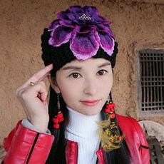패션 직구 비니모자 겨울 가을 윈난성 에스닉 무드 꽃자수 여성 털실 니트 개성 모란 보온 가리다 귀막이 귀달이