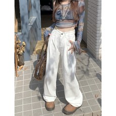 빈티지 스트레이트 레그 캐주얼 청바지 하이 웨이스트 슬리밍 벨 바닥 여성을위한 긴 바지를 드래그 봄 새로운