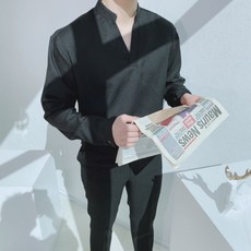 차이나카라 V넥 트임 링클프리 실크 셔츠(R)