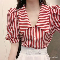 여성 여름 퍼프 반팔 티셔츠 캐주얼 인형넥 상의 패션 풀오버 반팔티 기질 스트라이프 퍼프 소매 쉬폰 블라우스 빅사이즈 ZZL