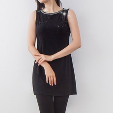 원피스형 보석 민소매 롱 블라우스 티셔츠 나시 나시티 미시 섹시 슬림핏 40 50대, 블랙