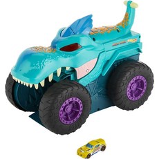 Hot Wheels Monster Trucks Car Chompin&#39; MEGA-Wrex 대형 트럭 및 1:64 스케일 자동차 &#34;Eats&#, 01 차량, 1개