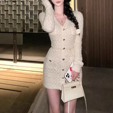 HS 여성 니트 트위드 원피스 버튼 반짝이 니트 원피스