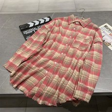 여성용 레트로 배색 체크 프린지 루즈 중간 길이 상의 긴팔 캐주얼 핑크 셔츠 코트 용수철 가을 패션
