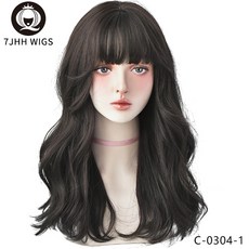 7jhwigs-여성용 긴 바디 웨이브 합성 가발 내추럴 소프트 데일리 사계절 헤어 착용 푹신한 뱅 블랙, 옵션 01번 해외, 01 C-0304-1
