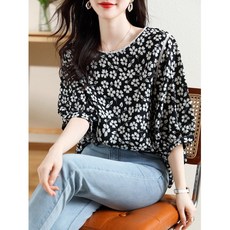 IBOY UGIRL XU0253C 여성 쉬폰 꽃무늬 라운드넥 반팔 티셔츠