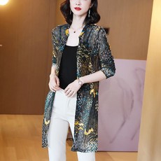 플라워블라우스 실크 자외선차단옷 여성 2020뉴타입 얇은타입 여름시즌 뉴타입 망사 숄 카디건 롱타입