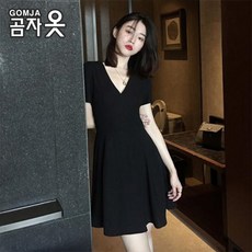 곰자옷 여성 빅사이즈 무지 브이넥 블랙 플레어 미니 원피스