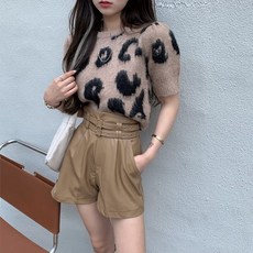 포린박스 모헤어 털 라운드 레오파드 호피 반팔 니트 SY